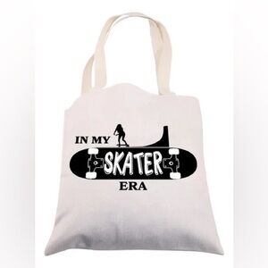 In My Skater Era Canvas Girl Skateboard Tote Bag in White and Black